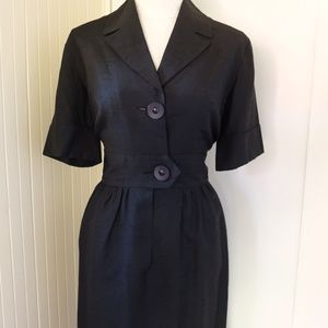 Vintage 50s Black Shirtwaist Wiggle Midi Dress with Notched Collar with Pockets!